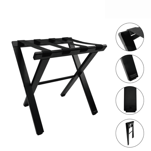 CLASSIC Black wooden folding luggage rack with textile straps